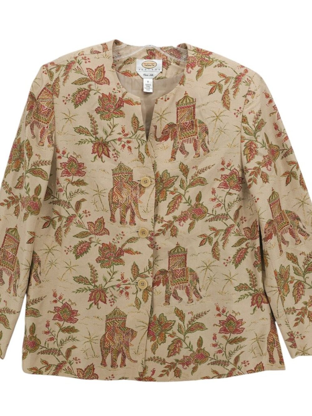TALBOTS 100% Silk Jacket Elephant Floral Tapestry Blazer Size 8